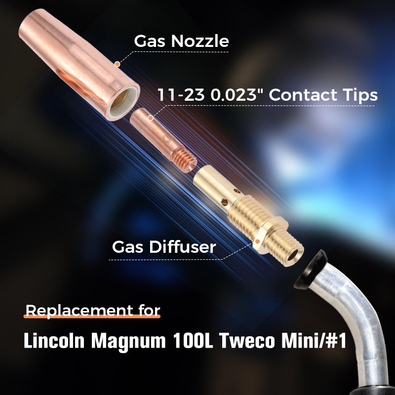 DRELD Mig Welding Gun Kit 0.023" Tip-Nozzle-Diffuser Replacement for Lincoln Magnum 100L Tweco Mini/#1: 20pcs Contact Tips 11-23 0.023" + 2pcs Gas Nozzles 21-50 1/2" + 2pcs Gas Diffuser 35-50 (Pack of 24) - Image 2